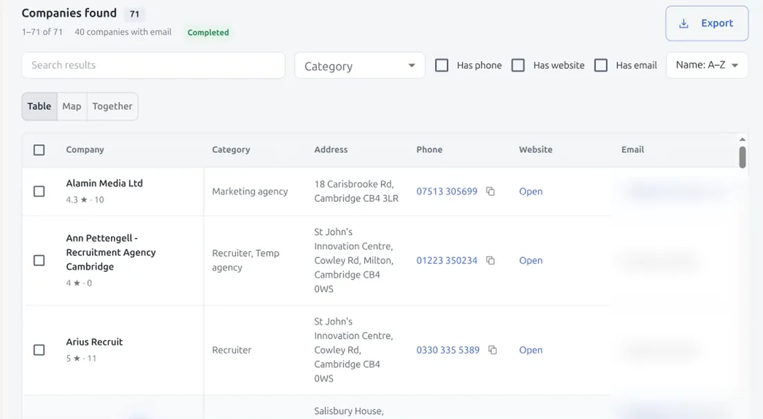 GridLead search results: companies with categories, addresses, phones and websites
