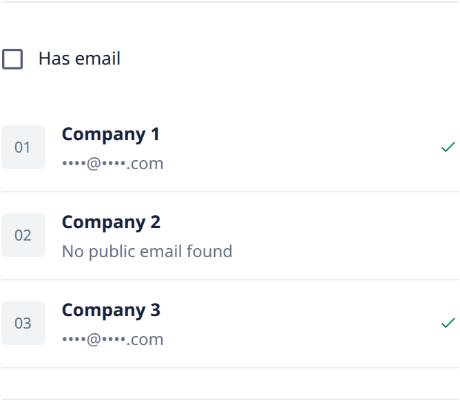 Contact preview with the email filter. Masked sample addresses illustrate how missing emails affect a list.